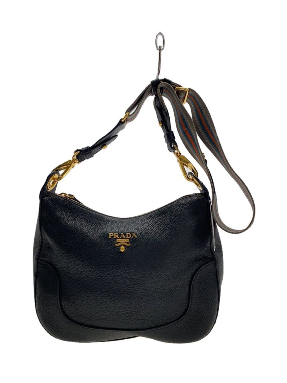Prada black pebbled leather Vitello Daino Phenix hobo bag striped web